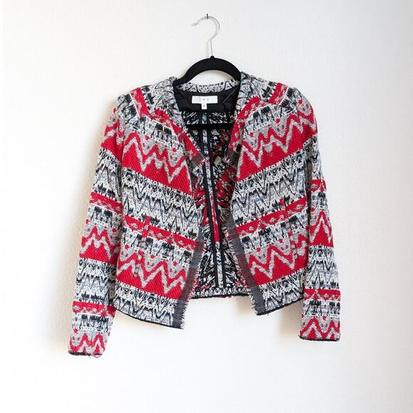 IRO Kroe Tweed Jacquard Black/Red Open Front Long Sleeve Jacket Blazer, sz 36/S - Picture 1 of 9